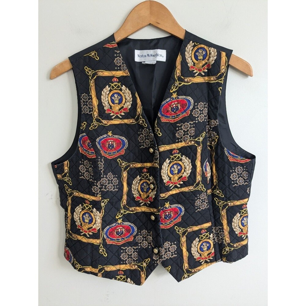Vtg 90s Silk Quilted Vest Womens 10 Equestrian Old Money Patriotic RWB Crest